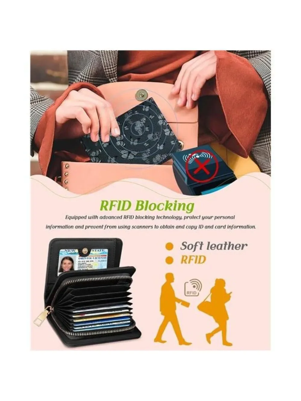 RFID Leather Card Holder Wallet for Women Small Zipper ID Coin Purse Butterfly